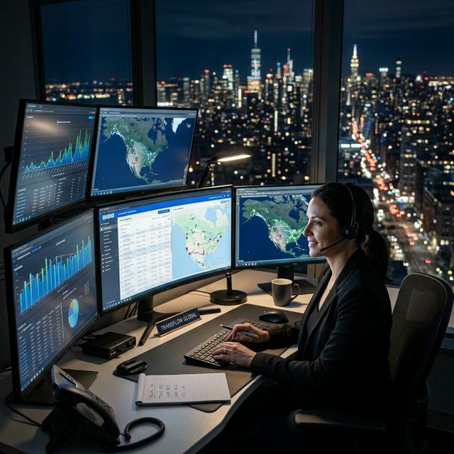 A modern dispatch center blending AI data visualization with expert human negotiation.