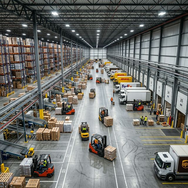 A hyper-modern logistics facility representing the absolute peak of 130 years of continuous commercial transportation evolution.